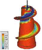A washing machine auger modeled on C-MOLD Gas Assisted Injection Molding software shows gas penetration as color. Red represents areas that are solid plastic, and non-red colors represent a percentage of gas penetration through the thickness -- for example, dark blue (0.8) would mean 80 percent plastic and 20 percent gas in that area.