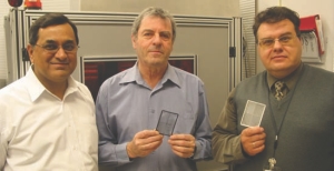 (Left to right) Dr. Suwas Nikumb, Hugo Reshef and Dr. Evgueni Bordatchev display monolithic air inlets designed for Axiom Group Inc.