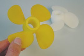 This propeller was dyed yellow in only five minutes at 90 degrees Celsius and 200 bar. At this pressure, the yellow dye powder dissolved in the CO2 which transferred it into the plastic.  Photo Credit: Fraunhofer UMSICHT