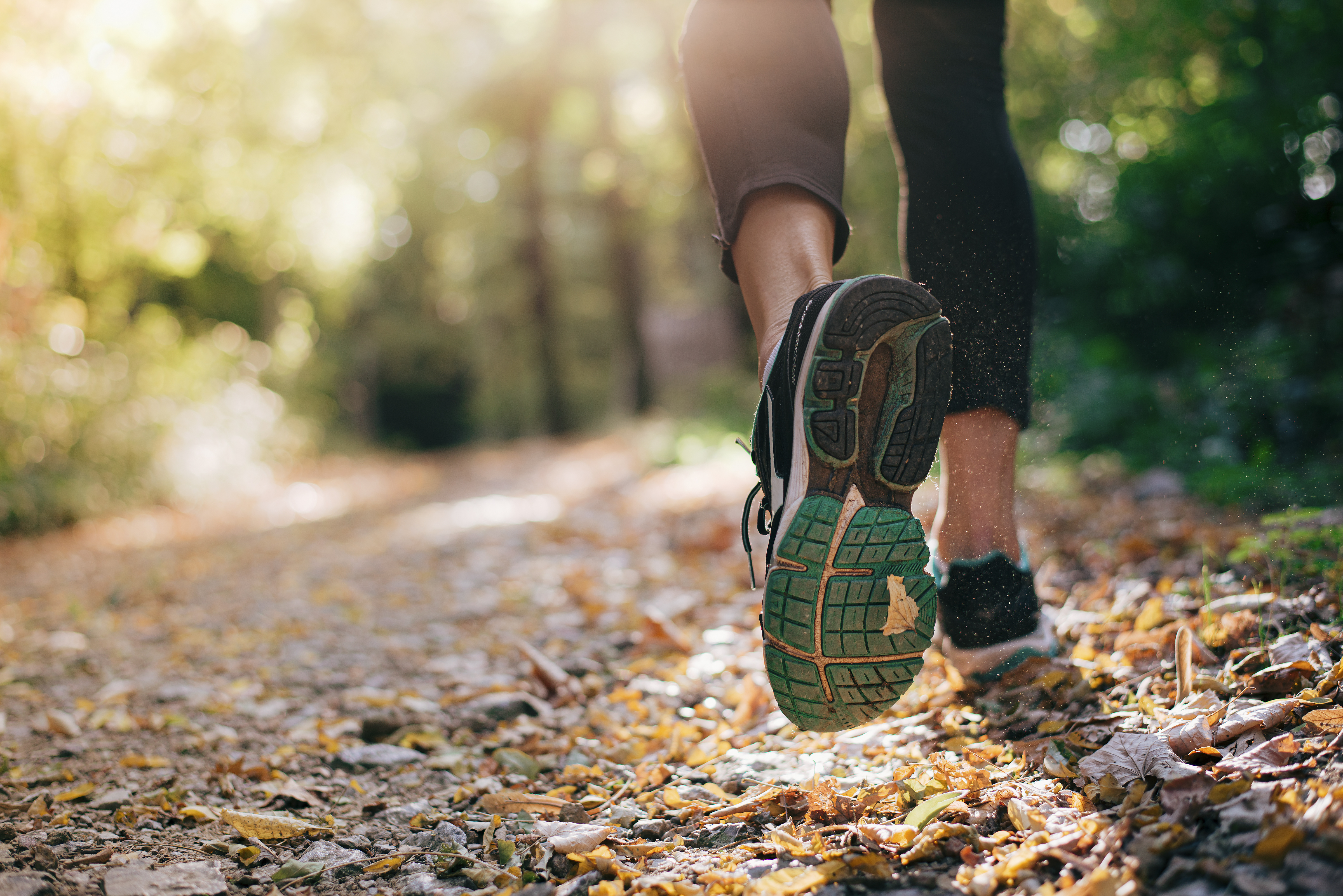 Closeup of running shoe of the person running in nature with beautiful sunlight. - Canadian Plastics